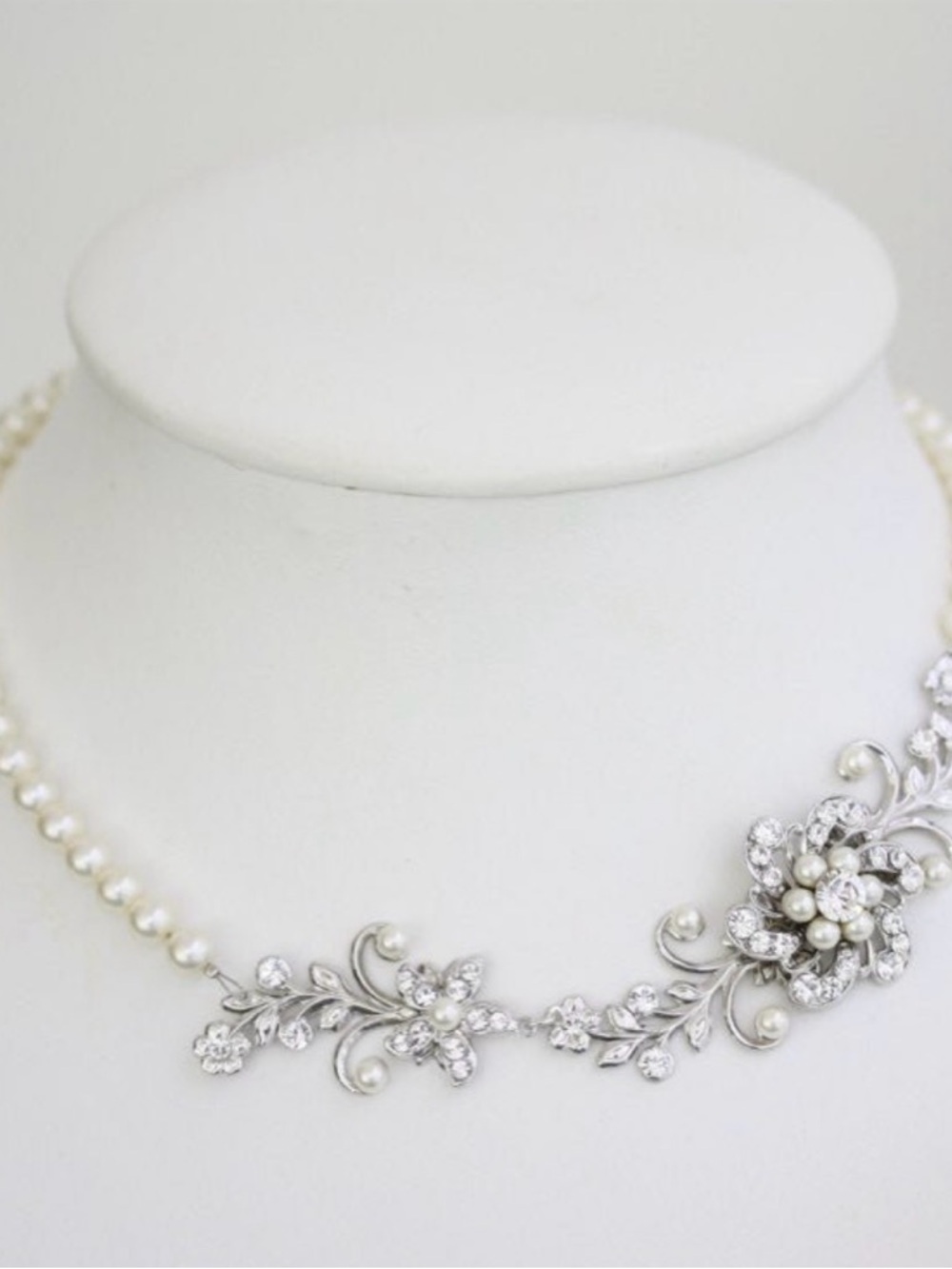Pearl and Crystal Floral Silver Necklace - White